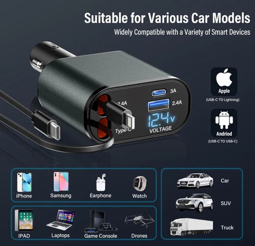 4 IN 1 Retractable Car Phone Charger